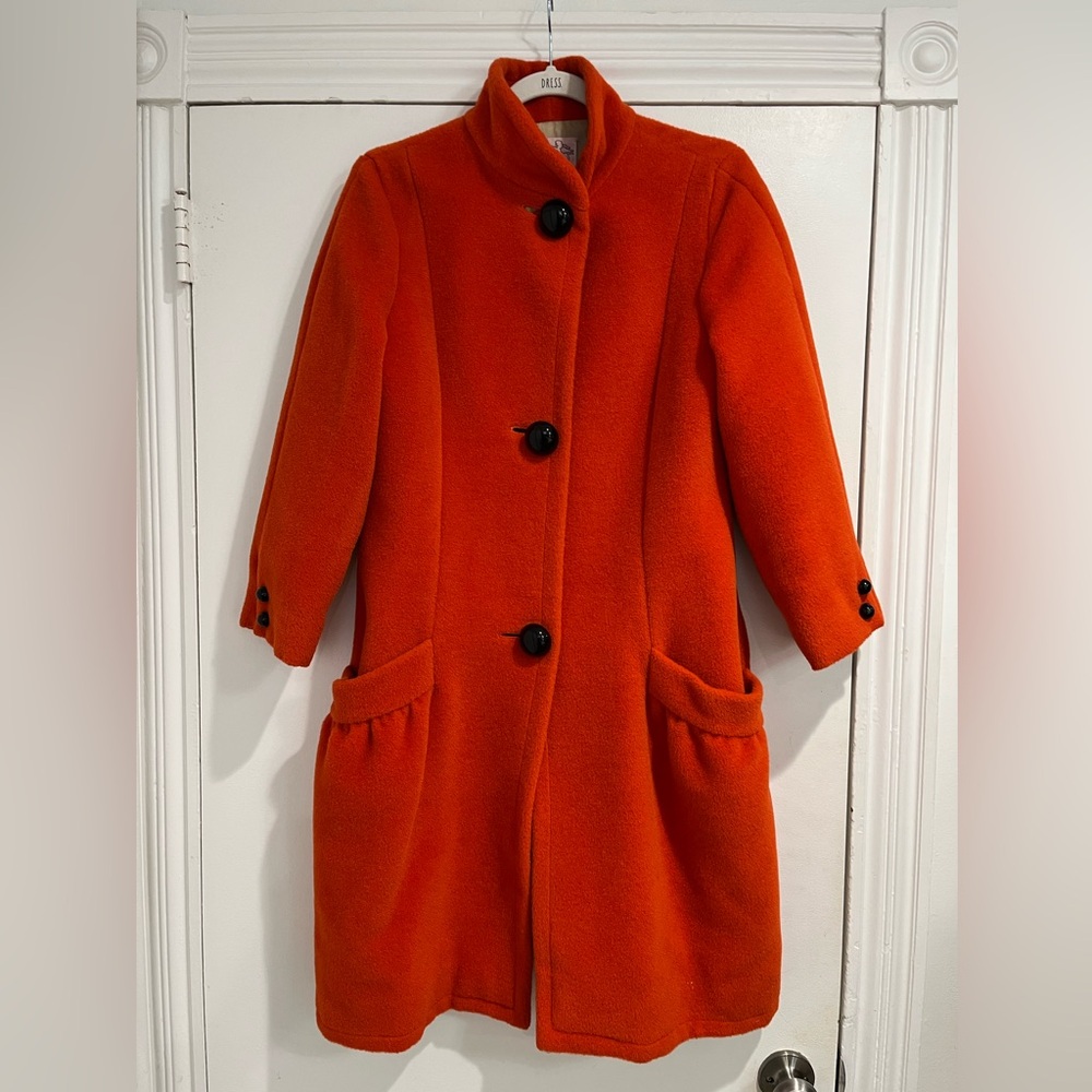 Holly’s Harp Vintage 70s Orange “Wool” Coat with‎ Oversized Black Buttons Sz. S - Picture 3 of 12